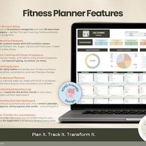 fitness planner monthly dashboard in a labtop mockup and showing main features of the workout tracker features