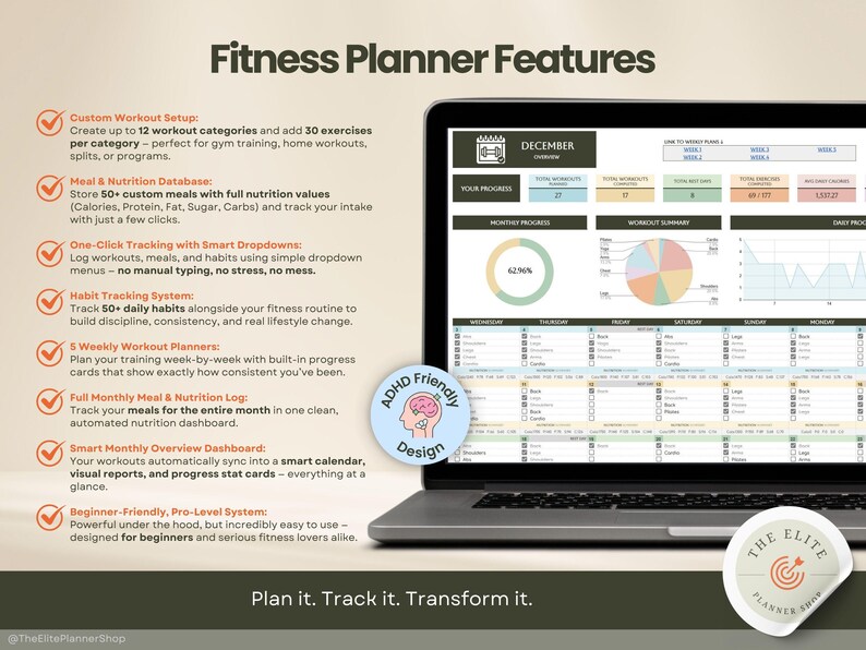 fitness planner monthly dashboard in a labtop mockup and showing main features of the workout tracker features