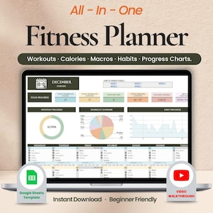 Fitness Planner Google Sheets template dashboard showing workout tracker and weekly schedule on laptop screen