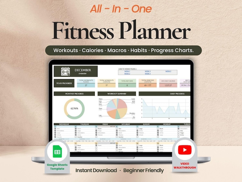Fitness Planner Google Sheets template dashboard showing workout tracker and weekly schedule on laptop screen