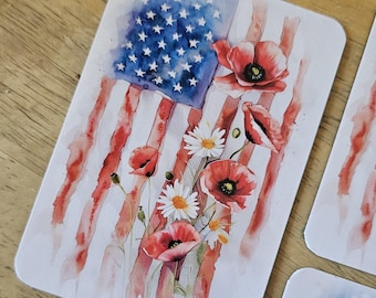 American Flag Magnet: Poppies Watercolor Art - Patriotic Car & Fridge Decor