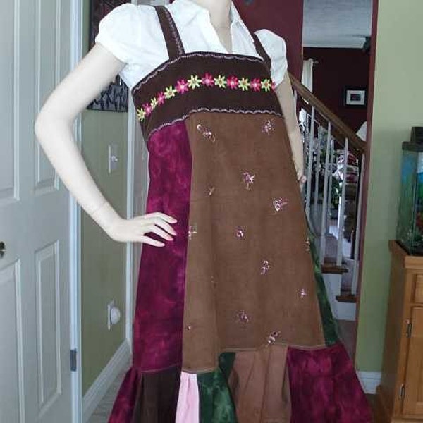 HIPPIE PATCHWORK EMBROIDERY CORDUROY OVERALL SKIRT OR DRESS SALE