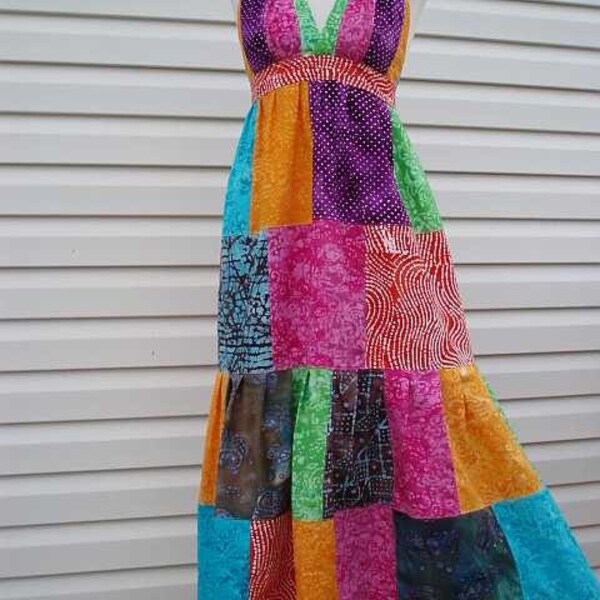 SEXY HIPPIE PATCHWORK BATIK HALTER DRESS