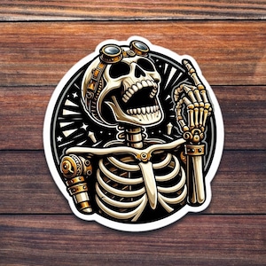 Cartoon Steampunk Sticker, Laughing Skull, Funny Meme Stickers, Tumbler and Cup, Laptop and Notebook, Glossy, Die Cut, Vinyl, Durable