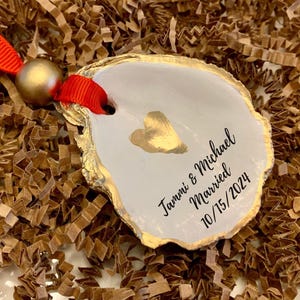 Gold Heart Ornament, Custom Wedding Oyster Shell Ornament, Engagement Ornaments, Wedding Favors, Engagement Gifts,  Gift for couple