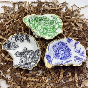 Green Black Blue Floral Oyster Shells Set, Wedding Theme, Jewelry Trinket Dish, Bridesmaid Gift, Baby Shower favor Pink floral Decoupage