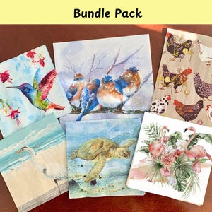 6 Napkin Bundle Animals,Decoupage Craft Napkins, One of each, Hummingbird, Egret, Flamingos, Hens, Robin, Sea Turtle Napkins