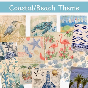 May include: A collection of decorative paper napkins with a coastal and beach theme. The napkins feature various designs, including a heron, sea turtle, sailboats, starfish, seahorse, flamingos, and seashells. The text "Coastal/Beach Theme" is at the top.