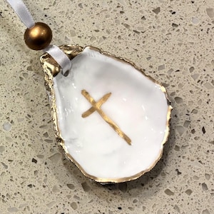 Gold Cross Ornament, Custom Oyster Shell Ornament, Religious Ornaments, Personalized Easter gift