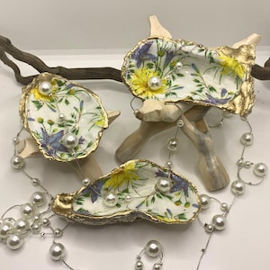 Yellow Purple Floral Oyster Shells Set, Wedding Theme, Jewelry Trinket Dish, Bridesmaid Gift, Baby Shower favor Flower Decoupage
