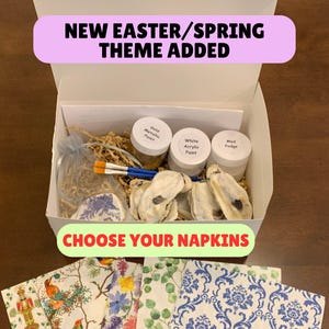 Decoupage Shell Kit, DIY Decoupage Oyster shells, Crafting Kit, Chinoiserie, Easter, Birds and other napkins, Handmade Oyster Craft