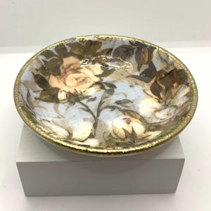 White Rose Jewelry Dish, Ceramic Trinket Dish, Blue Gold Floral Jewelry Dish,  Engagement Ring Dish, Jewelry Holder Decoupage Gift