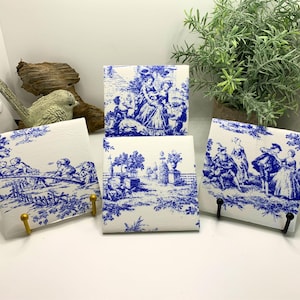 Blue White Vintage Coasters, Set of 4 comes with Trinket Shell, Ceramic Delft Style Chinoiserie Decorative Housewarming Retro Vintage Style