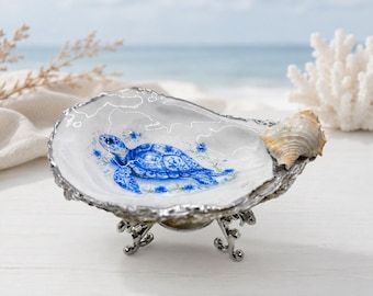 Blue Floral Turtle Trinket Shell Silver with Shells on Stand