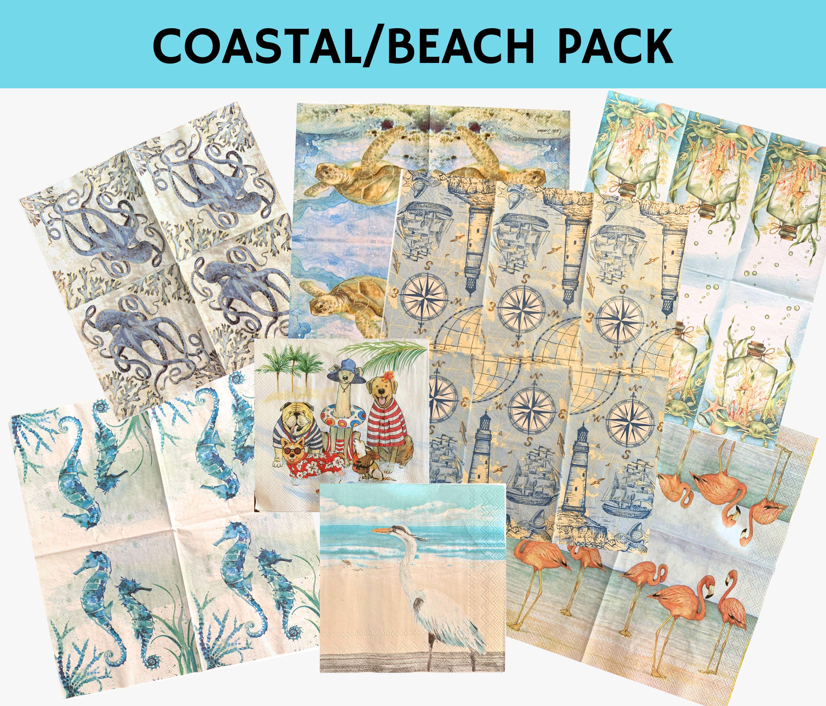 Coastal Napkin Bundle Sale, Set of 8 Napkins & Tissue Paper Decoupage Craft Beach Napkins, One of each: Flamingos, Sea Turtle, Sand Collars
