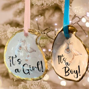 It&#39;s a Boy | It&#39;s a Girl Announcement Ornament, Stork Oyster Shell Ornament, Gender Reveal gift, Baby Shower Gift, It&#39;s a Girl Gift Surprise