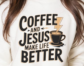 Kaffe och Jesus-tröja, kristen tröja för kaffeälskare, tro och tröst rund hals, Jesus-tröja, kaffe-tröja