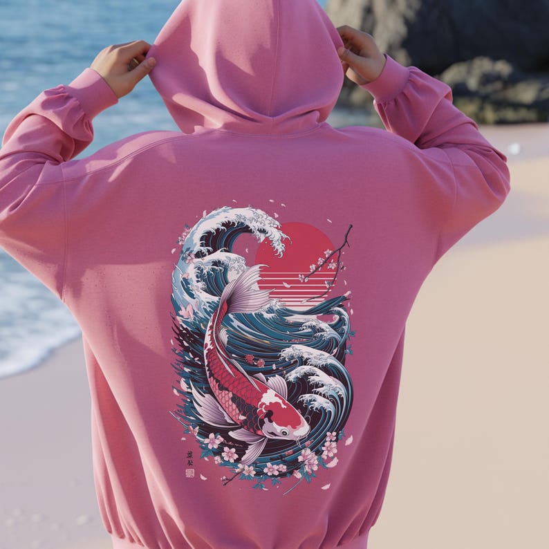 Koi Fish Crochet Lotus Pattern Print Men Pullover Hoodie