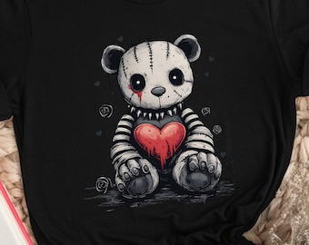 Emo Goth Teddy Bear T-Shirt, Y2K Punk Graphic Tee for Women and Girls
