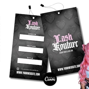 May include: Two black hang tags with the text "Lash Kouture" in pink and white, with a heart pattern. The tags have sections for length, texture, and style. The website address is visible at the bottom.