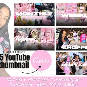 Puede incluir: Una colección de cinco plantillas de miniaturas de YouTube rosas con superposiciones de texto como "Mensual", "Semanal" y "Compras de higiene". Las miniaturas tienen un diseño femenino y el texto "GIRLBOSS DESIGNZ". También está presente el texto "MADE IN CANVA".
