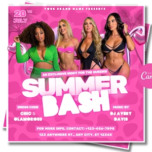 May include: Pink flyer for a Summer Bash event. The flyer features four women and the text "Summer Bash" in large white letters. Additional text includes "Dress Code: Chic & Glamorous" and contact information.