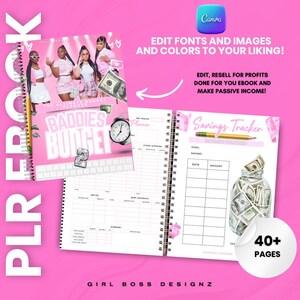May include: Pink and white printable planner with the text "Baddies Budget" and a savings tracker section with a glass jar filled with money. The planner has over 40 pages.