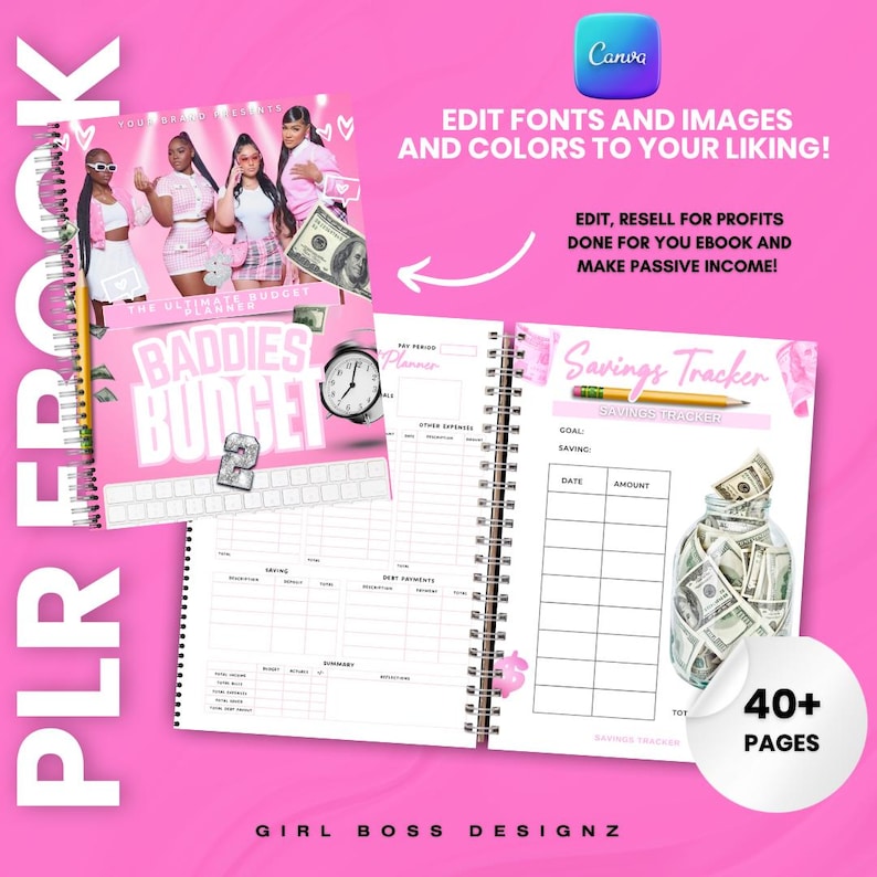 May include: Pink and white printable planner with the text "Baddies Budget" and a savings tracker section with a glass jar filled with money. The planner has over 40 pages.