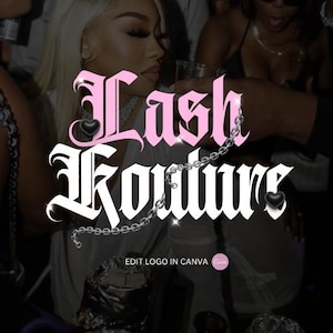 May include: The image features the text "Lash Kouture" in a stylized font, with pink and white lettering. A silver chain and black heart accents are incorporated into the design. The background is blurred, with people and drinks visible.
