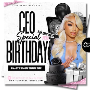 Può includere: Un annuncio di compleanno in bianco e nero con il testo "CEO Special Birthday" e "8th-15th Nov 2024". L'annuncio include anche una foto di una donna con i capelli biondi, una torta bianca e nera e una scatola regalo argentata.