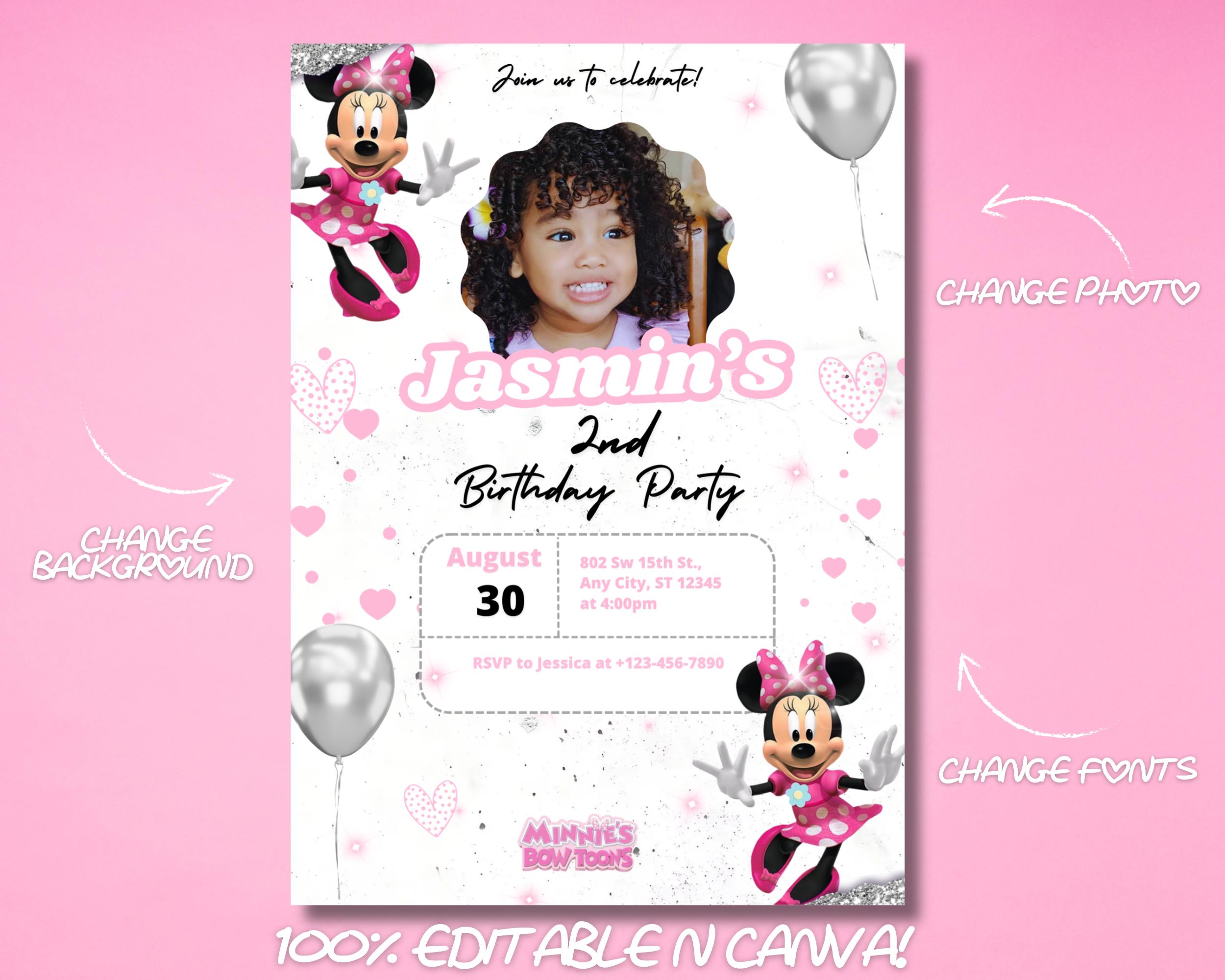 Pink Minnie Mouse Birthday Invitation: DIY Canva Template (digital ...