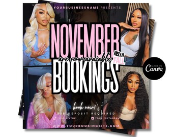 Op de afbeelding: Een promotionele afbeelding met de tekst "NOVEMBER BOOKINGS are now available" in roze en wit. De afbeelding toont vier vrouwen met lang haar en de tekst "book now!" met social media handles en websiteadres.