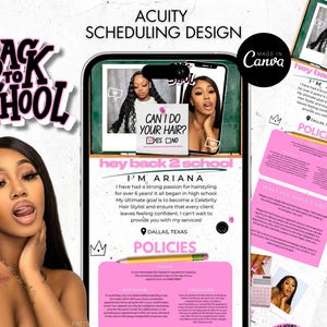 May include: A promotional graphic for a hair stylist, featuring a woman with long hair. The design includes the text "Back to School" and "Can I do your hair?" The stylist's name is Ariana, with contact information and policies.