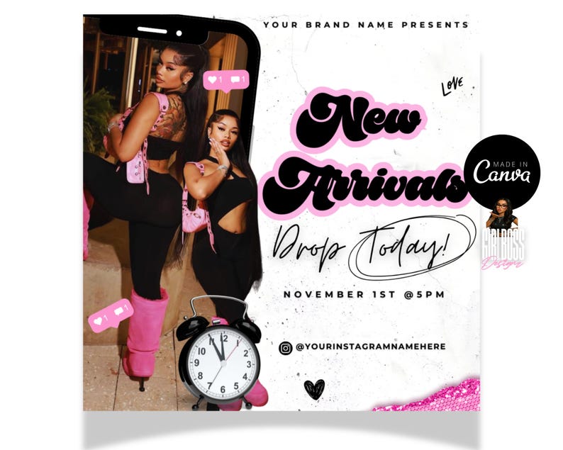 May include: A promotional graphic with the text "New Arrivals Drop Today!" in black and pink. The image features two women, a pink alarm clock, and the date and time: November 1st @ 5PM. The graphic includes a social media handle.