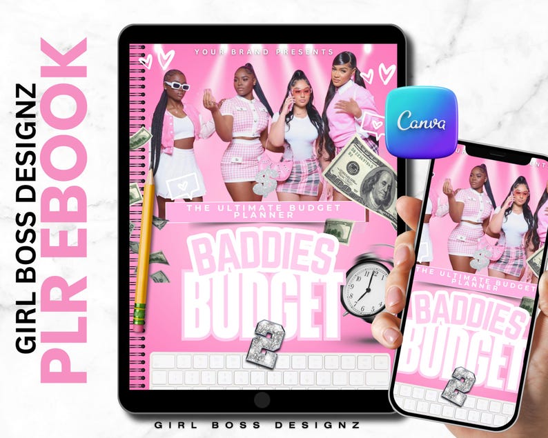 May include: A pink and white digital planner with the text "Baddies Budget" and "The Ultimate Budget Planner" on the cover. The planner is shown on a phone and a tablet screen.