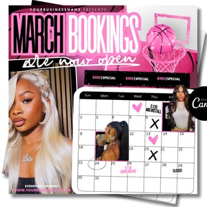May include: A pink and black calendar with the text "MARCH BOOKINGS are now open" and a basketball hoop with a pink basketball. The calendar has dates for the month of March and includes the text "$100 SPECIAL" and "$120 WIG INSTALL".