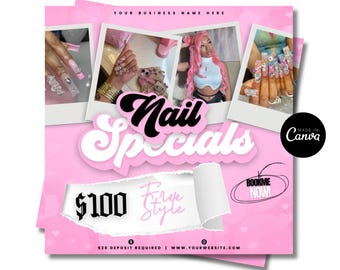 Nail Specials flyer, Book now, Nail Deals, DIY Booking flyer, Hair Lashes Makeup flyer, Editable Canva Template, Nail Bookings
