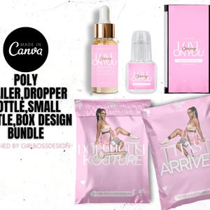 May include: A bundle of pink packaging and beauty products. Includes a dropper bottle, small bottle, box, and poly mailers. The text "Love On You" and "Dollhouse Kouture" are visible.