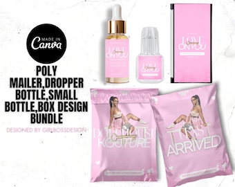 May include: A bundle of pink packaging and beauty products. Includes a dropper bottle, small bottle, box, and poly mailers. The text "Love On You" and "Dollhouse Kouture" are visible.
