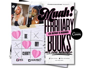 February Booking Flyer, Valentine&#39;s Day Bookings , February Calendar, Appointments Books Open, Hair Braids Nails Makeup Lashes Wigs Promo