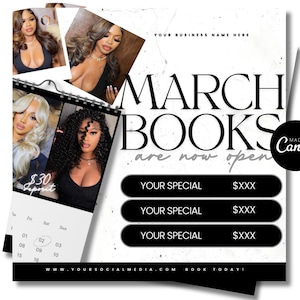 Op de afbeelding: Een promotionele afbeelding met de tekst "MARCH BOOKS are now open". Het ontwerp bevat afbeeldingen van vrouwen met verschillende kapsels. De afbeelding bevat een kalender, speciale aanbiedingen en een websiteadres.
