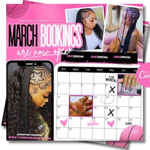 Può includere: Un volantino rosa e nero che pubblicizza le prenotazioni di marzo per servizi di trecce per capelli. Il volantino presenta un calendario con date segnate per gli appuntamenti e uno schermo del telefono che mostra una donna con i capelli intrecciati. Il testo sul volantino recita "Prenotazioni di marzo ora aperte" e "Speciale € 100".