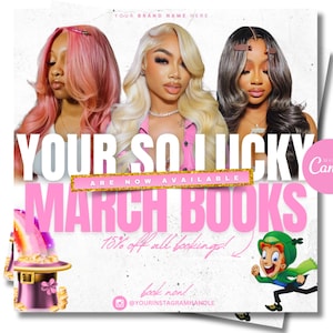 Może przedstawiać: R&oacute;żowo-biała grafika z tekstem "YOUR SO LUCKY ARE NOW AVAILABLE MARCH BOOKS 18% off all bookings! book now! @YOURINSTAGRAMHANDLE" i kresk&oacute;wkowym skrzatem biegnącym w prawo. Zrobione w Canva.