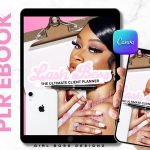 May include: A pink and white digital planner with the text "Lash Boss: The Ultimate Client Planner" on the cover. The planner is open to a page with a pink and white design and the text "Booking Luked!" The planner is on a tablet screen with a white background.