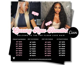 May include: A black and white graphic with pink text that reads "Luxury Raw Bundles" and "Welcome to the Top Floor Luxe Hair". The graphic features a price list for hair extensions in various lengths and styles, including straight, body wave, kinky curly, and 613 straight. The prices range from $175 to $270.