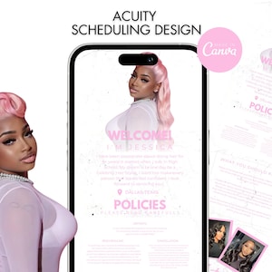 Peut inclure: Graphique Acuity Scheduling Design avec une femme aux cheveux roses. Le design comprend le texte "WELCOME! I'M JESSICA" et "POLICIES". L'image est dans une maquette de téléphone, avec un logo "Made in Canva".