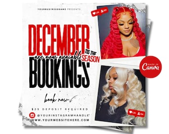 Op de afbeelding: Een promotieflyer voor decemberboekingen met twee foto's van personen met gestyled haar, één met felrood haar en één met platinablond haar. De tekst luidt December Bookings, Tis The Season en book now.