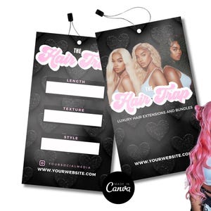 May include: Black hang tags with the text "The Hair Trap" in pink script, advertising luxury hair extensions and bundles. The tags have sections for length, texture, and style. The background is black with heart shapes.