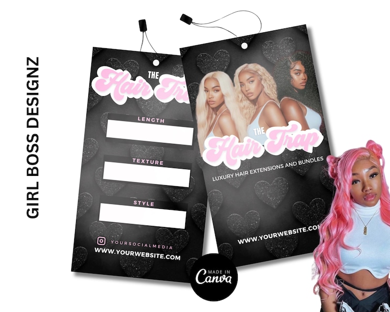 May include: Black hang tags with the text "The Hair Trap" in pink script, advertising luxury hair extensions and bundles. The tags have sections for length, texture, and style. The background is black with heart shapes.