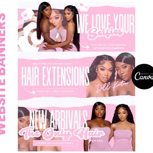 Pode incluir: Três banners de site rosa com imagens de mulheres usando extensões de cabelo. O primeiro banner diz "We Love Your Selfies" e incentiva os usuários a marcar a empresa nas redes sociais. O segundo banner diz "Welcome to Luxury Baby Hair Extensions" e anuncia frontals e closures. O terceiro banner diz "New Arrivals The Only Hair" e incentiva os usuários a comprar todas as coleções.